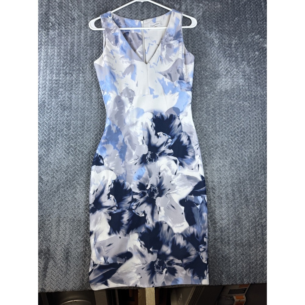 Calvin Klein Sheath Dress Womens XS Blue Gray Floral V-Neck Sleeveless Midi